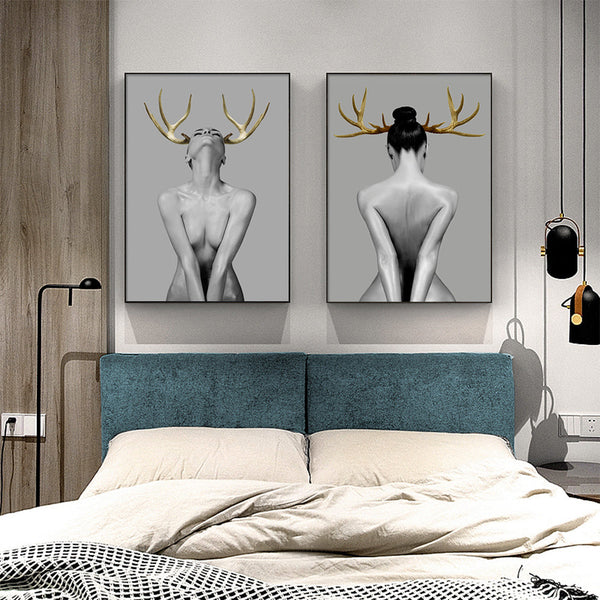 Posters & Prints Wall Art 70Cmx100cm Girl With Gold Horn 2 Sets Black Frame Canvas