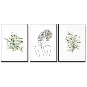 Posters & Prints Wall Art 60Cmx90cm Botanical Line Girl 3 Sets Black Frame Canvas