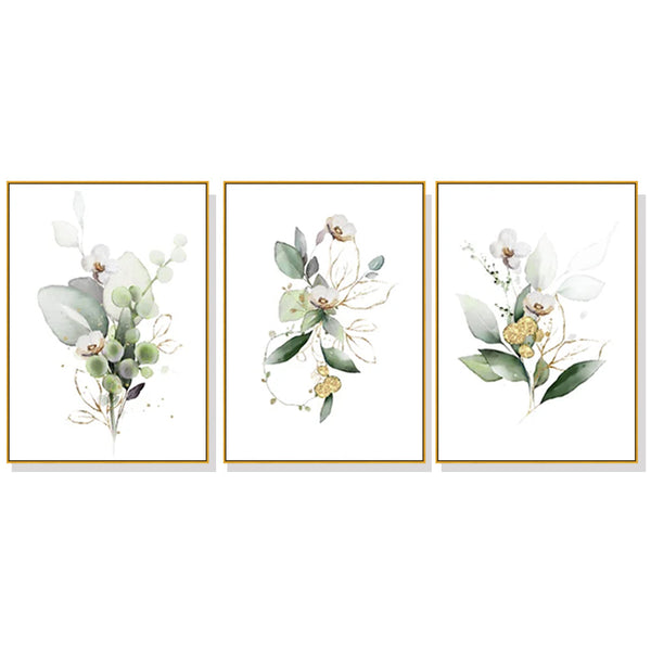 Posters & Prints Wall Art 60Cmx90cm Green And Gold Watercolor Botanical 3 Sets Frame Canvas