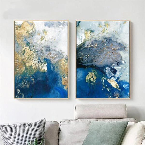 Posters & Prints Wall Art 60Cmx90cm Marbled Blue And Gold 2 Sets Frame Canvas