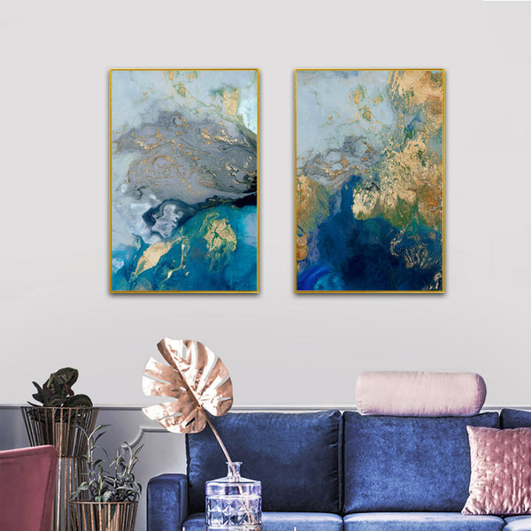 Wall Art 60Cmx90cm Marbled Blue And Gold 2 Sets Frame Canvas