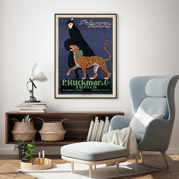 Posters & Prints Wall Art 50Cmx70cm Woman Walking Leopard Vintage Black Frame Canvas