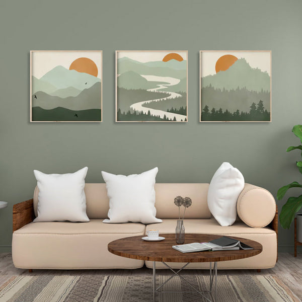 Wall Art 70Cmx70cm Sage Green Landscapes 3 Sets Wood Frame Canvas