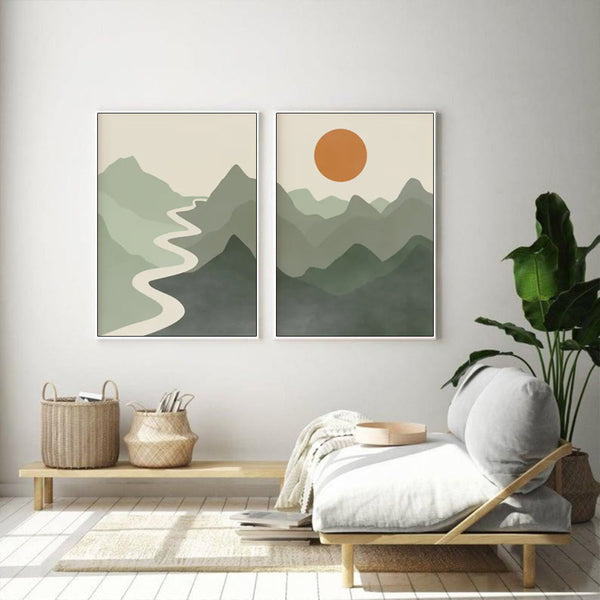 Posters & Prints Wall Art 80Cmx120cm Sage Green River Mountain Sets White Frame Canvas