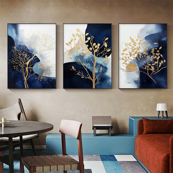 Posters & Prints Wall Art 70Cmx100cm Navy And Gold Watercolor Shapes 3 Sets Black Frame Canvas