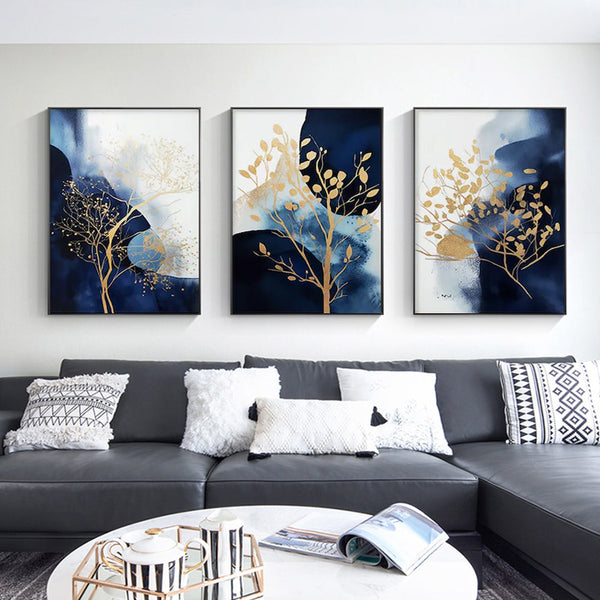 Posters & Prints Wall Art 70Cmx100cm Navy And Gold Watercolor Shapes 3 Sets Black Frame Canvas