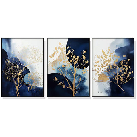 Wall Art 50Cmx70cm Navy And Gold Watercolor Shapes 3 Sets Black Frame Canvas