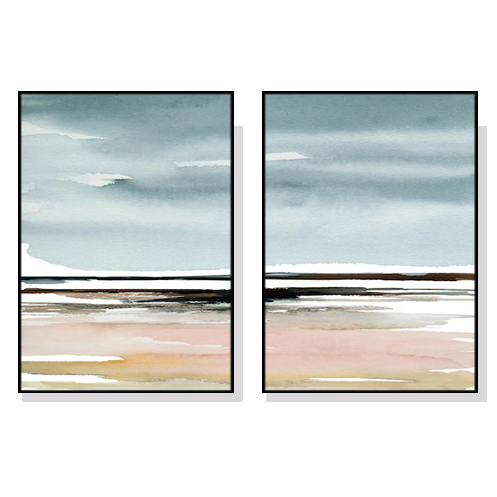 Wall Art 90Cmx135cm Pink Beach Landscape 2 Sets Black Frame Canvas