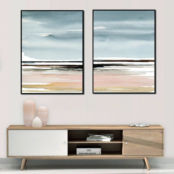 Wall Art 90Cmx135cm Pink Beach Landscape 2 Sets Black Frame Canvas