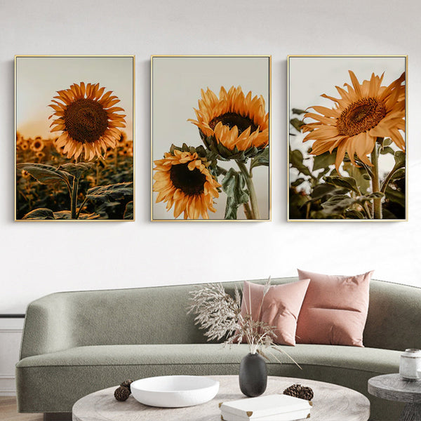 Posters & Prints Wall Art 80Cmx120cm Sunflower 3 Sets Gold Frame Canvas