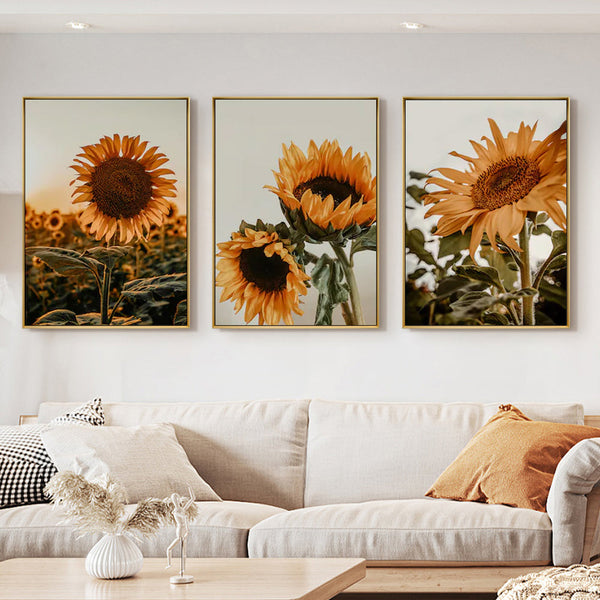 Wall Art 80Cmx120cm Sunflower 3 Sets Gold Frame Canvas