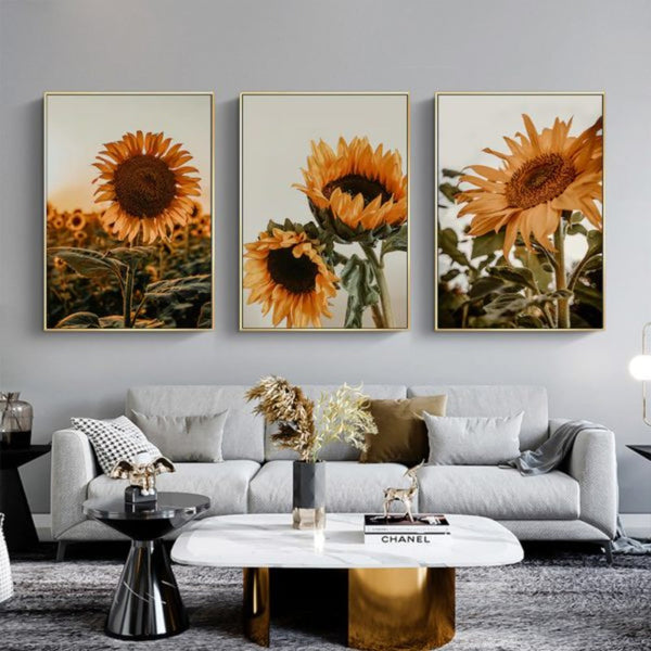 Wall Art 80Cmx120cm Sunflower 3 Sets Gold Frame Canvas