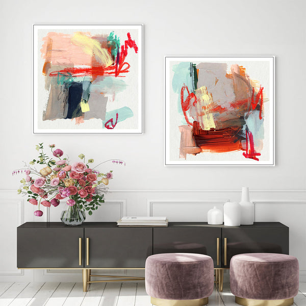 Wall Art 80Cmx80cm Abstract Colourful Garden 2 Sets White Frame Canvas