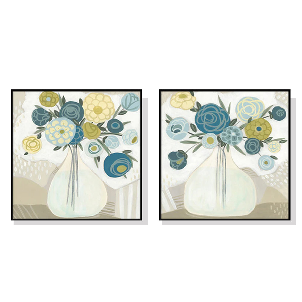 Posters & Prints Wall Art 80Cmx80cm Blue Bouquet 2 Sets Black Frame Canvas