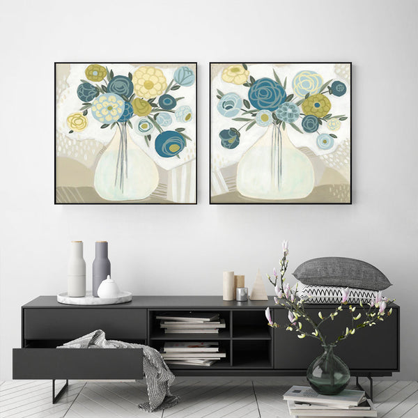 Posters & Prints Wall Art 80Cmx80cm Blue Bouquet 2 Sets Black Frame Canvas