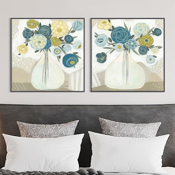 Posters & Prints Wall Art 80Cmx80cm Blue Bouquet 2 Sets Black Frame Canvas