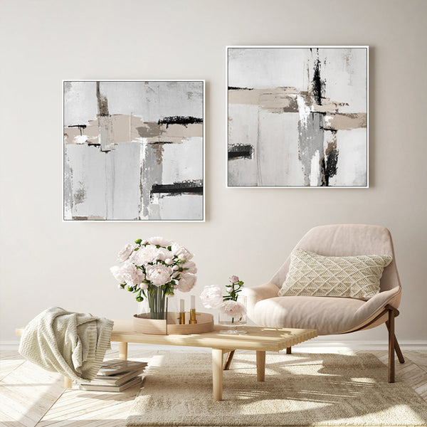 Wall Art 100Cmx100cm Neutral Abstract 2 Sets White Frame Canvas