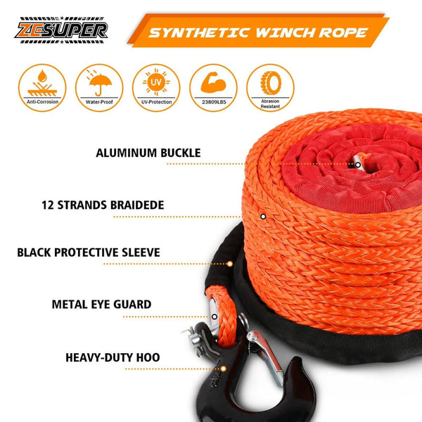 Zesuper Winch Rope 9.5Mm X 30M Dyneema Sk75 Hook Synthetic Car Tow Recovery Cable