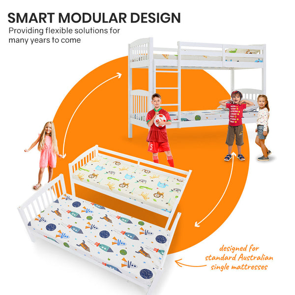 Single Bed Frames Slumber Wooden Kids Bunk Bed Frame, With Modular Design That Can Convert To 2 Single, White