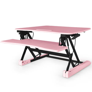 Standing Desks Fortia Desk Riser 90Cm Wide Adjustable Sit To Stand Dual Monitor, Keyboard, Laptop, Pink