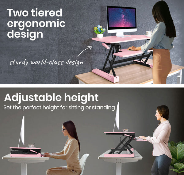 Standing Desks Fortia Desk Riser 90Cm Wide Adjustable Sit To Stand Dual Monitor, Keyboard, Laptop, Pink