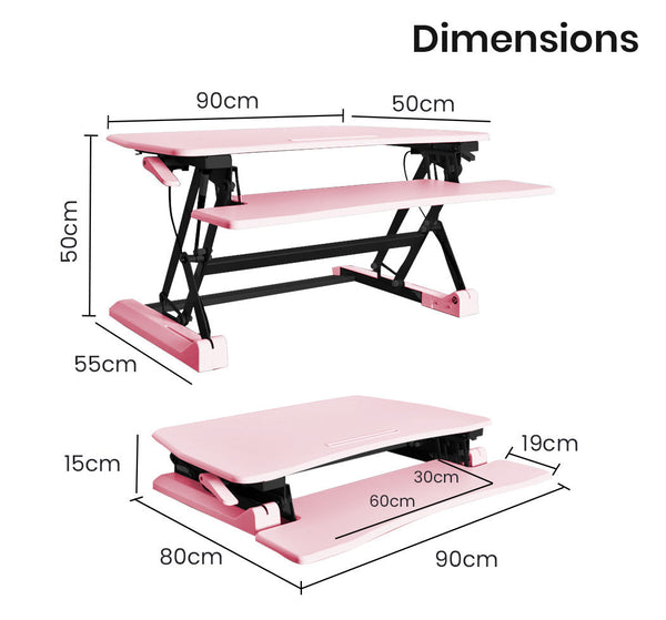 Standing Desks Fortia Desk Riser 90Cm Wide Adjustable Sit To Stand Dual Monitor, Keyboard, Laptop, Pink