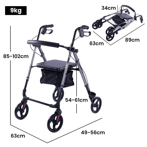 Walkers & Canes Equipmed 4 Wheel Lightweight Rollator Walker, Aluminium Frame, Seat, Carry Bag, For Seniors, Titanium Style