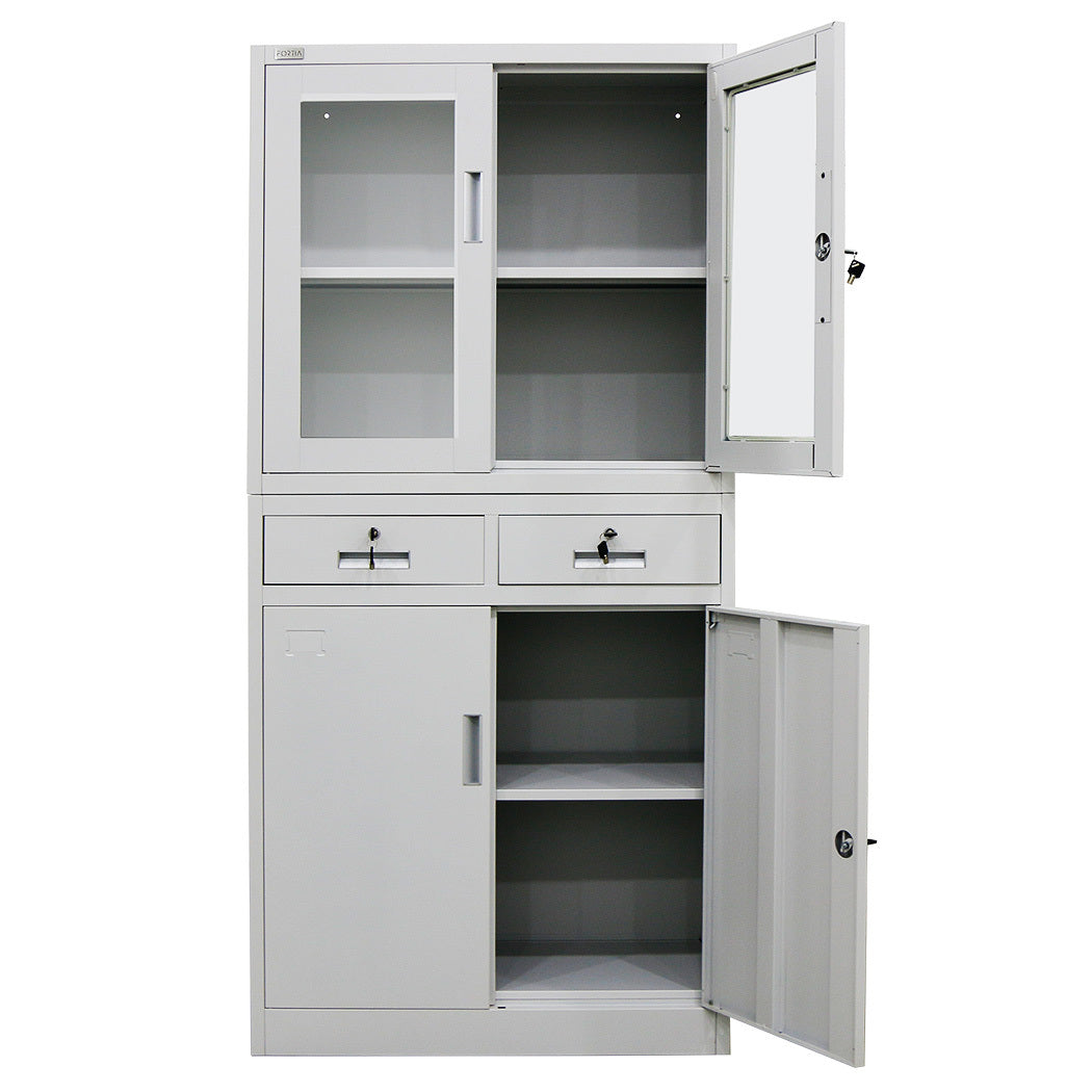 Cabinets & Cupboards Fortia 4 Door Lockable Steel Stationary Storage Cabinet, Display Windows, 2 Drawers, Grey