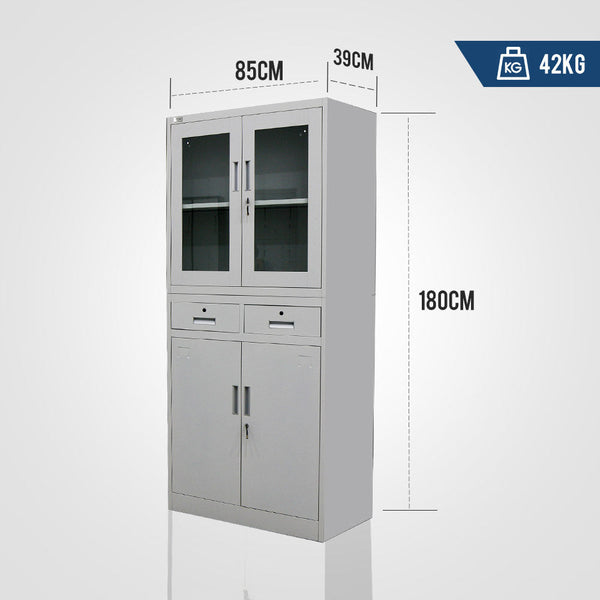 Cabinets & Cupboards Fortia 4 Door Lockable Steel Stationary Storage Cabinet, Display Windows, 2 Drawers, Grey