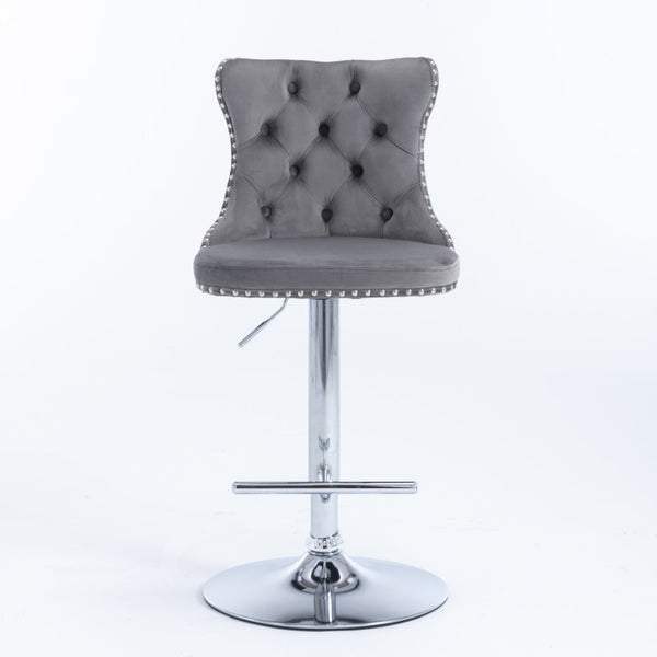 Benches Bar Stools 2X Height Adjustable Swivel Bar Stool Velvet Stud Barstool With Footrest And Chromed Base Gray