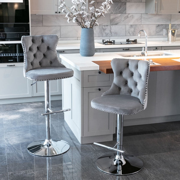 Benches Bar Stools 2X Height Adjustable Swivel Bar Stool Velvet Stud Barstool With Footrest And Chromed Base Gray