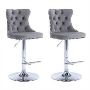 Benches Bar Stools 2X Height Adjustable Swivel Bar Stool Velvet Stud Barstool With Footrest And Chromed Base Gray