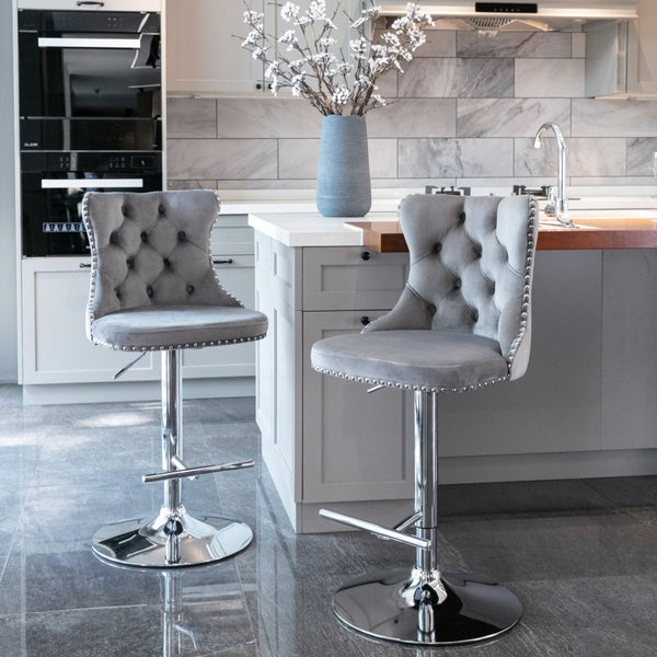 Benches Bar Stools 2X Height Adjustable Swivel Bar Stool Velvet Stud Barstool With Footrest And Chromed Base Gray