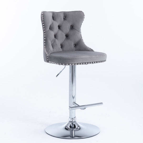 Benches Bar Stools 2X Height Adjustable Swivel Bar Stool Velvet Stud Barstool With Footrest And Chromed Base Gray