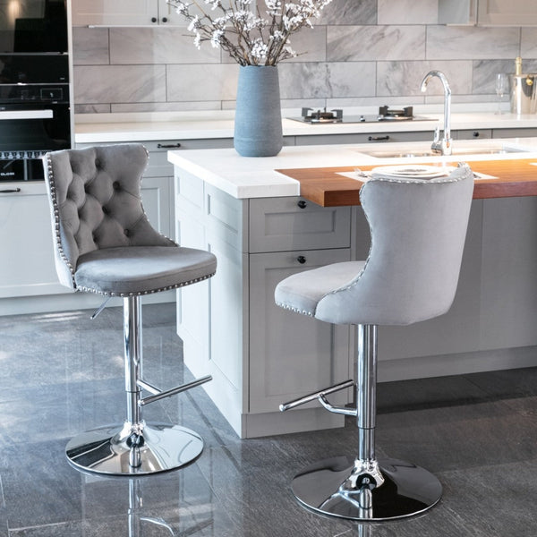 Benches Bar Stools 2X Height Adjustable Swivel Bar Stool Velvet Stud Barstool With Footrest And Chromed Base Gray