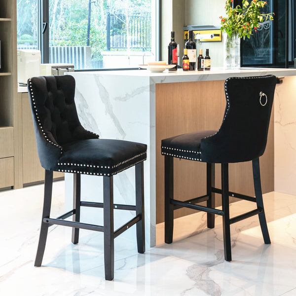 Benches Bar Stools 2X Velvet Bar Stools With Studs Trim Wooden Legs Tufted Dining Chairs Kitchen