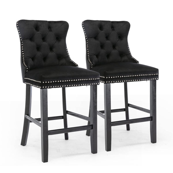 Benches Bar Stools 2X Velvet Bar Stools With Studs Trim Wooden Legs Tufted Dining Chairs Kitchen