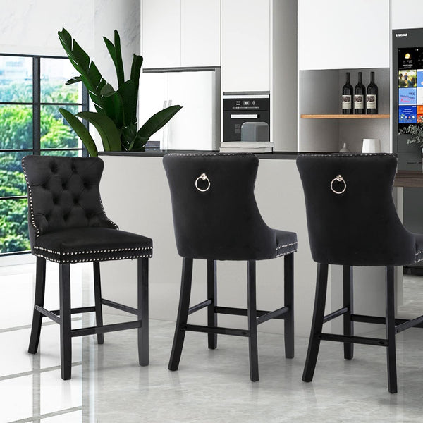 Benches Bar Stools 2X Velvet Bar Stools With Studs Trim Wooden Legs Tufted Dining Chairs Kitchen