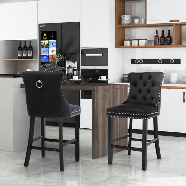 Benches Bar Stools 2X Velvet Bar Stools With Studs Trim Wooden Legs Tufted Dining Chairs Kitchen