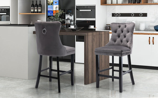 Benches Bar Stools 2X Velvet Bar Stools With Studs Trim Wooden Legs Tufted Dining Chairs Kitchen