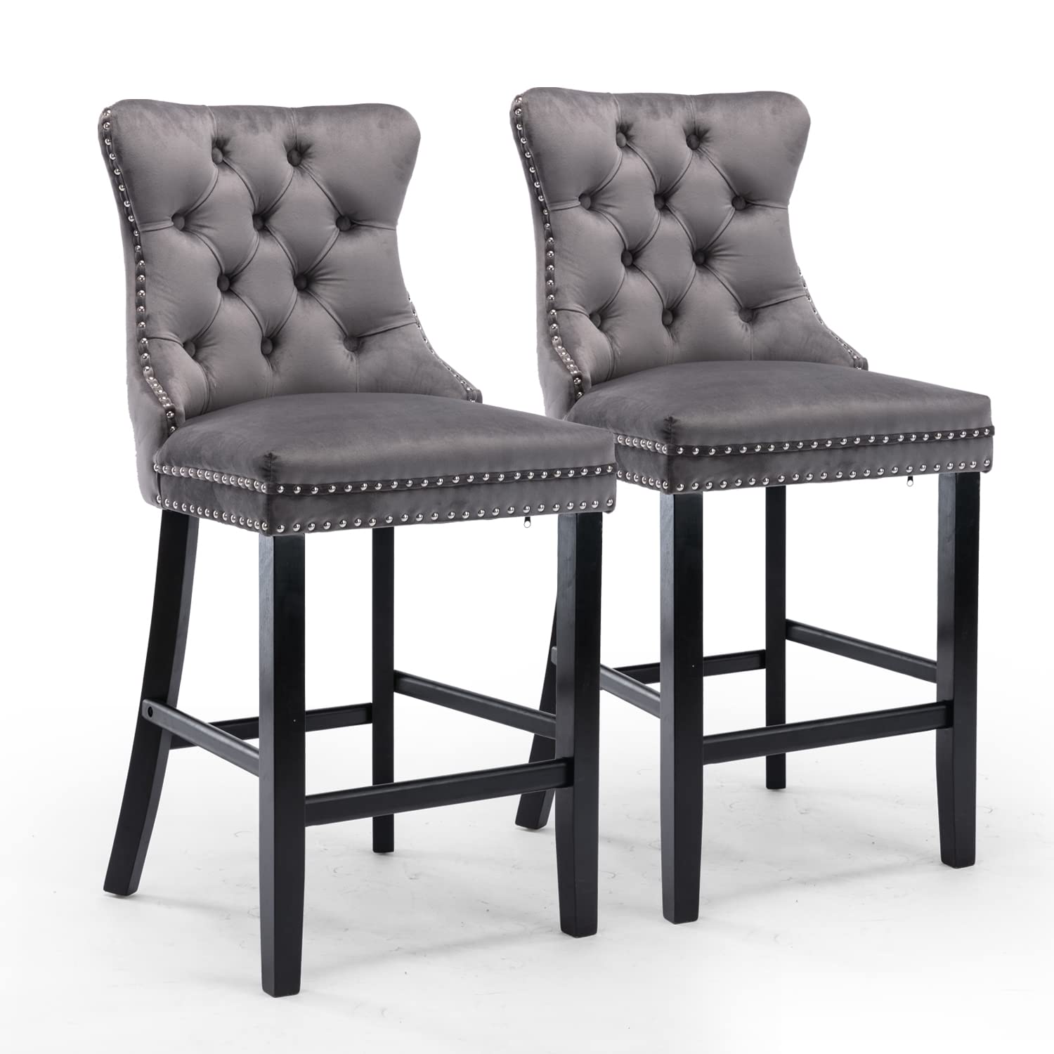 Benches Bar Stools 2X Velvet Bar Stools With Studs Trim Wooden Legs Tufted Dining Chairs Kitchen