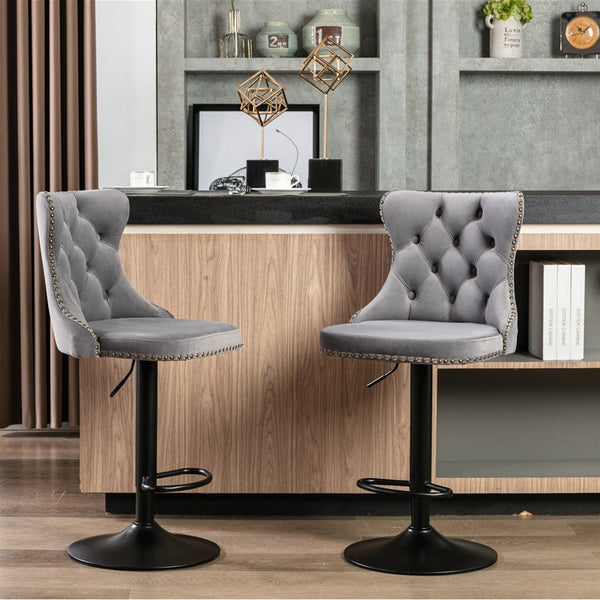 Benches Bar Stools 4X Height Adjustable Swivel Bar Stool Velvet Nailhead Barstool With Footrest