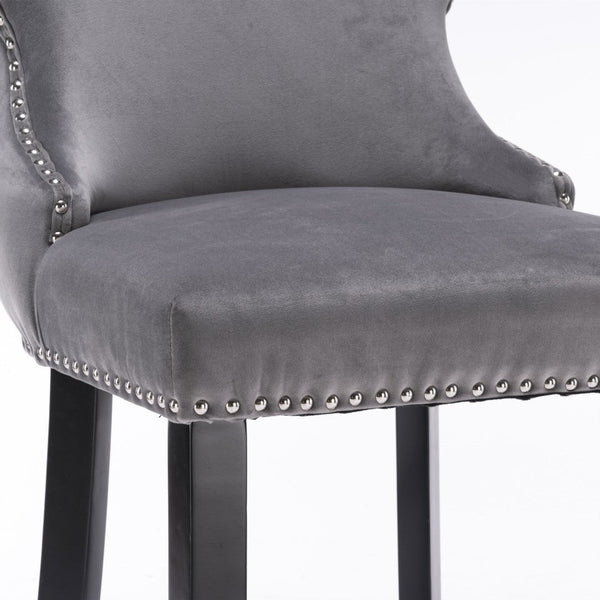 4X Velvet Upholstered Button Tufted Bar Stools With Wood Legs And Studs-Grey