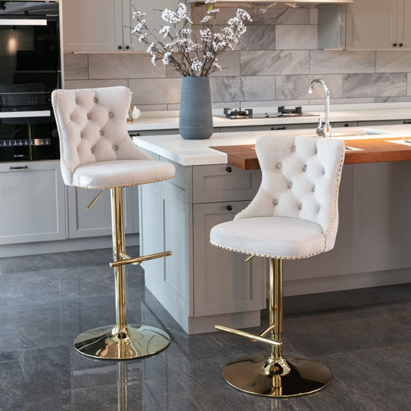 Benches Bar Stools 2X Height Adjustable Swivel Bar Stool Velvet Studs Barstool With Footrest And Golden Base Beige