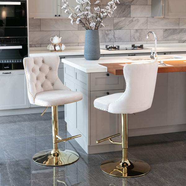 Benches Bar Stools 2X Height Adjustable Swivel Bar Stool Velvet Studs Barstool With Footrest And Golden Base Beige