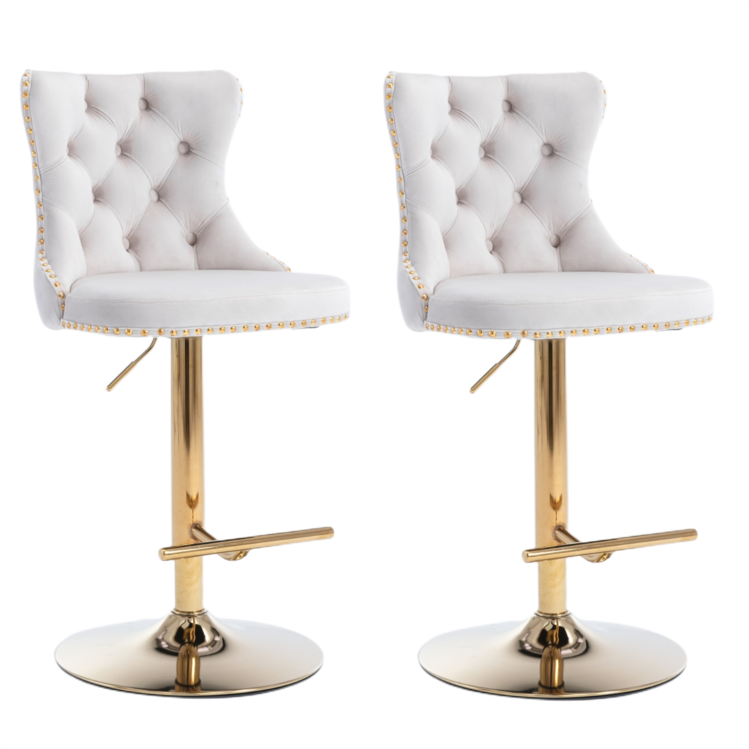 Benches Bar Stools 2X Height Adjustable Swivel Bar Stool Velvet Studs Barstool With Footrest And Golden Base Beige