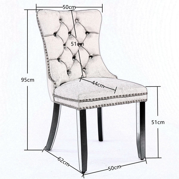 Dining Chairs 2X Velvet Upholstered Tufted Kithcen With Solid Wood Legs Stud Trim And Ring Beige