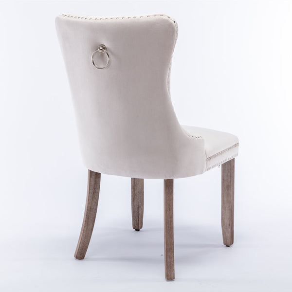 Dining Chairs 2X Velvet Upholstered Tufted Kithcen With Solid Wood Legs Stud Trim And Ring Beige