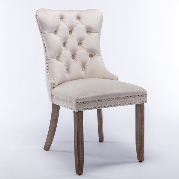 Dining Chairs 2X Velvet Upholstered Tufted Kithcen With Solid Wood Legs Stud Trim And Ring Beige