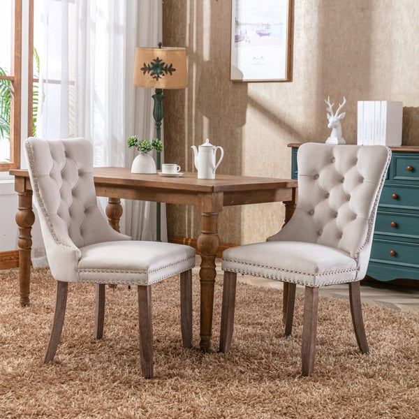 Dining Chairs 2X Velvet Upholstered Tufted Kithcen With Solid Wood Legs Stud Trim And Ring Beige